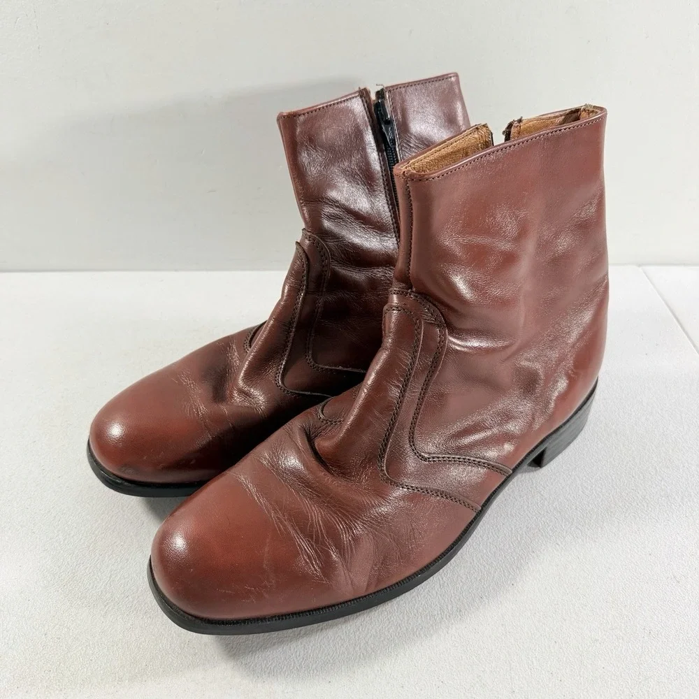 Vintaage KNAPP Brown Leather Ankle Boots Side Zip Up Mens Size 10 D Made In USA